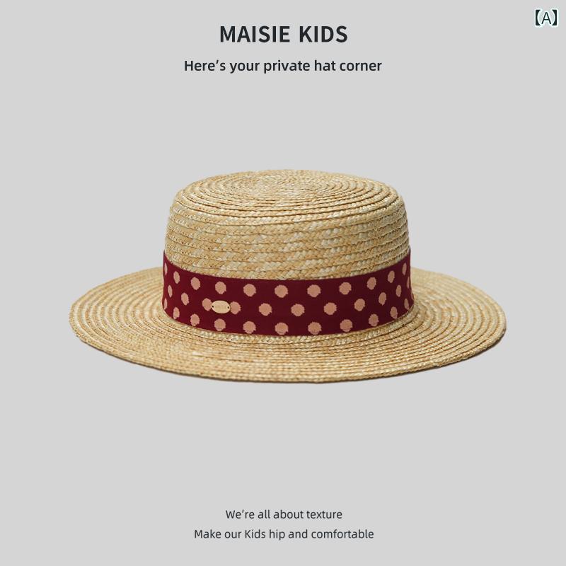 子供用 麦わら 帽子 2025年 フレンチ 麦わら 帽子 子供用 ドット フラット ハット 日焼け防止 ビーチ ..