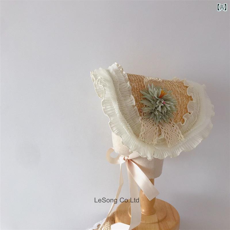 子供用 麦わら 帽子 夏の レトロ 子供用 サンハット 森の 田園 風 レース ハット ベビー ロリータ プリ..