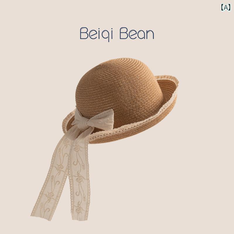 麦わら 帽子 かわいい 子供用 帽子 韓国 ファッション レース カール 麦わら 女の子用 ビーチ 旅行 凹..