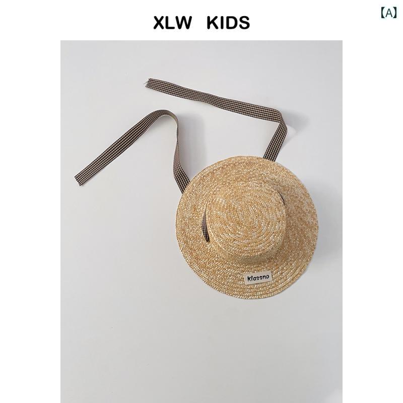 麦わら 帽子 かわいい 麦わらの 長い ストラップの 子供用 麦わら 帽子 フラット トップ 日焼け防止 夏..