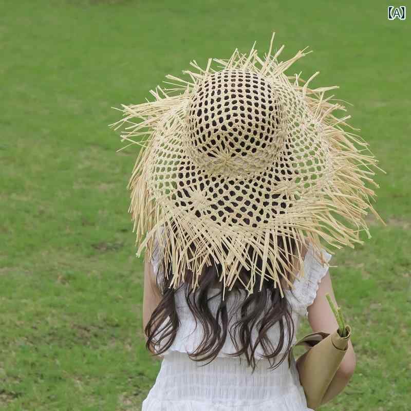 麦わら 帽子 かわいい 儿 童 拉 菲 草 帽大 帽 檐 女 孩 防 晒 遮 阳 沙 滩度 假 拍 照 镂 空 亲 子 太..