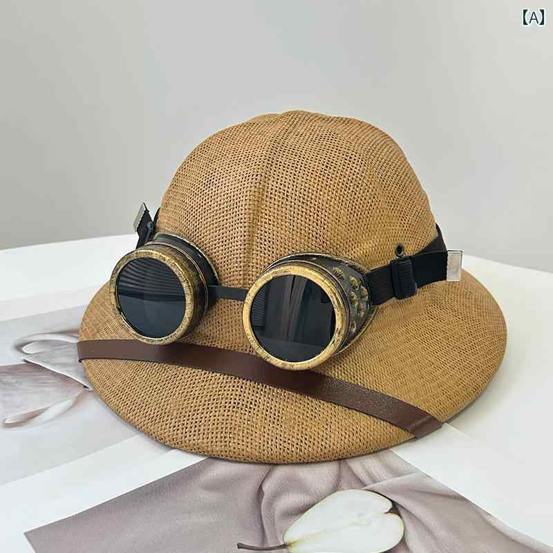 麦わら 帽子 かわいい 春夏 子供用 帽子 ゴーグル スチームパンク 探検家 フィッシャーマン ハット 女..