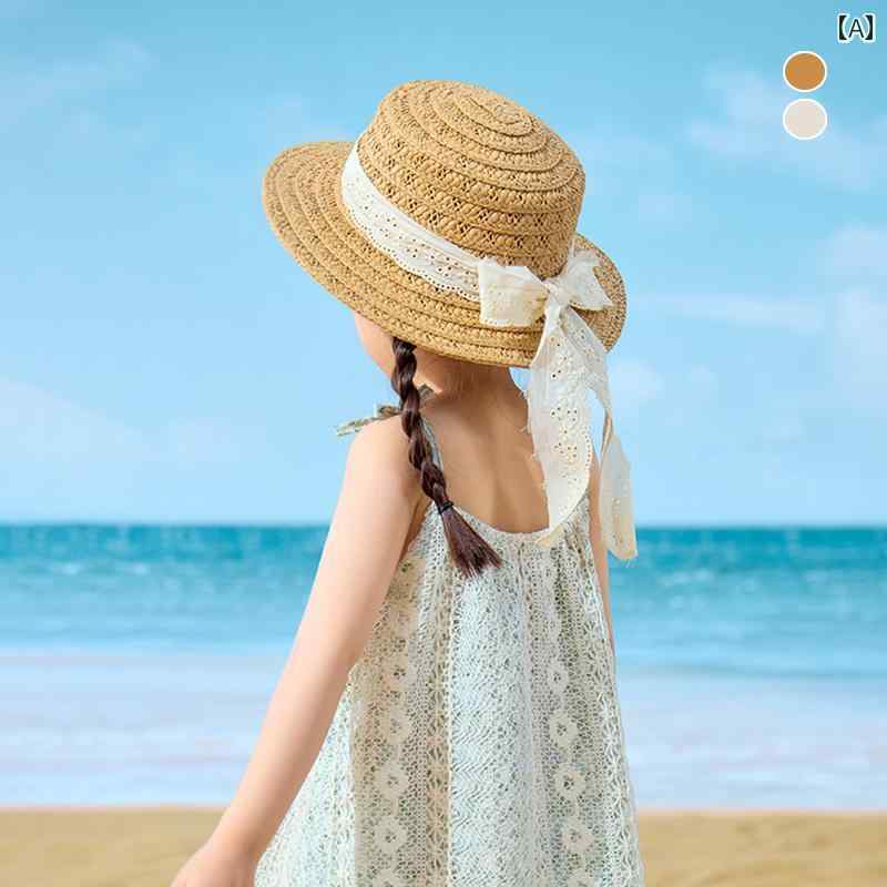 麦わら 帽子 かわいい 女の子用 麦わら 帽子 子供用 サンハット 夏用 ベビー ハット フラット トップ ..