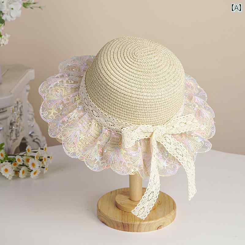 子供用 麦わら 帽子 女の子 夏用 サンハット つば 広の 麦わら 帽子 子供用 ビーチハット レインボー ..