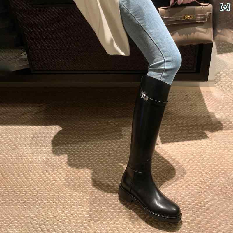 レディース ブーツ きれいめ ロング ナイト ブーツ レディース 2024 秋冬 フラットボトム 英国 スタイル 厚 ヒール MM ワイド オーバー ニーブーツ