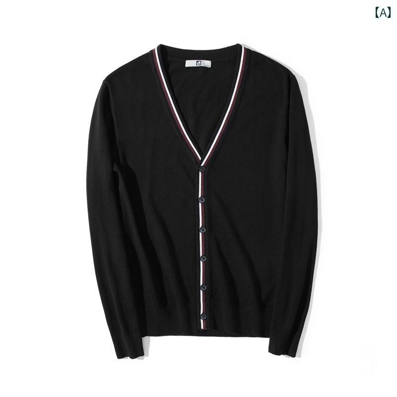 ゆるっと カーディガン メンズ 韓国 春秋 ニットカーディガン Vネック コントラスト ブラック スリム ..