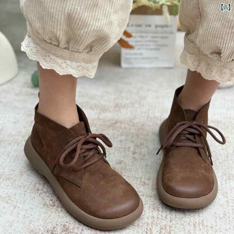 おしゃれ カジュアル ブーツ 革 レディースシューズ フラットボトム ショート ブーツ レトロ エスニッ..