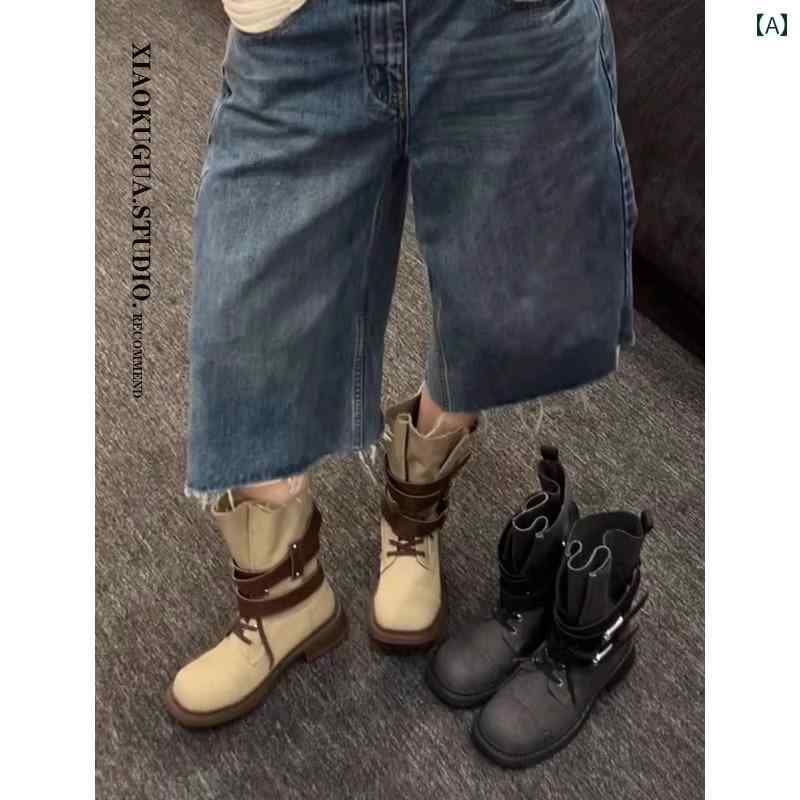 おしゃれ カジュアル ブーツ レトロ ダメージ 加工の ブーツ 女性用 2025年 厚底 ヒール ベルトバック..