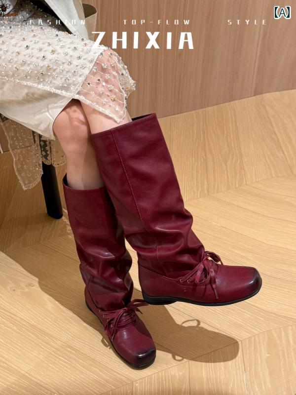 おしゃれ カジュアル ブーツ 牛革 プリーツ ハイカット スタック ブーツ レディース 厚底 ロング ニーハイブーツ 太 筒 編み 上げ ナイト