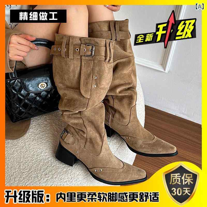 おしゃれ カジュアル ブーツ レディース ニーハイブーツ 2025年 カーキスエード ポインテッド ブーツ 厚底 ヒール スリム プリーツ パイル(4.0)
