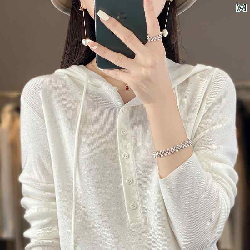 カジュアル ニットパーカー レディース 春秋 ウール フード付き セーター ハーフ オープン カラー ボタ..