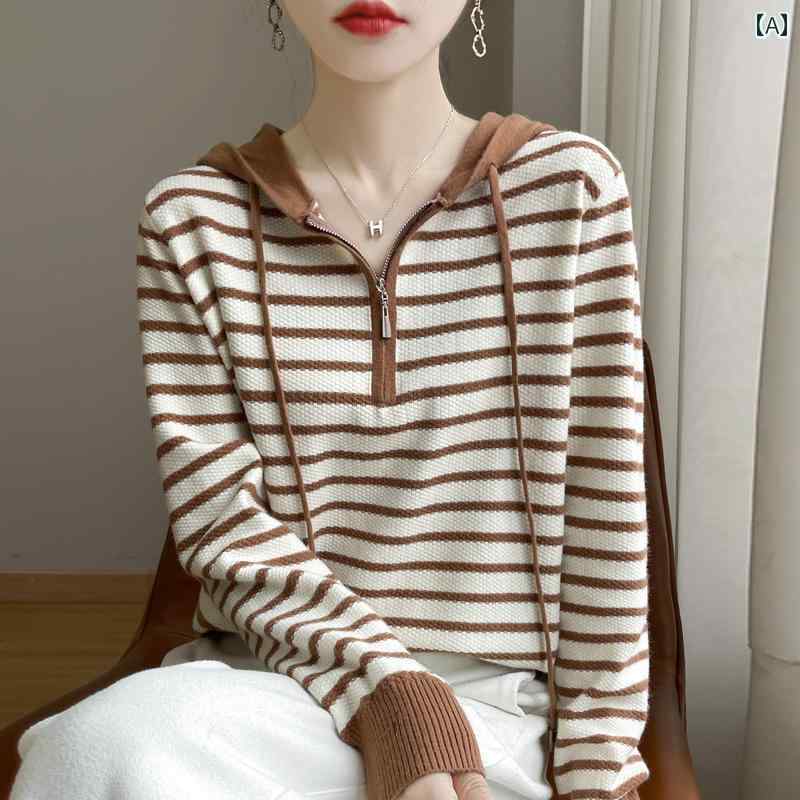 カジュアル ニットパーカー レディース 感謝の 秋冬 ストライプ フード付き セーター レディース ゆっ..