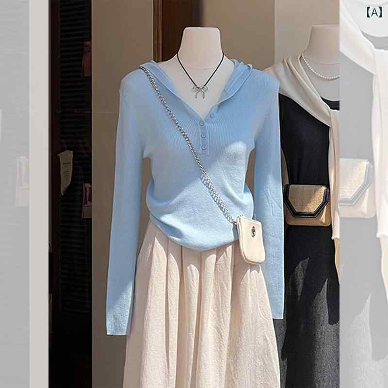 カジュアル ニットパーカー レディース 韓国 青い フード付き ニットパーカー インナーレイヤリング シ..