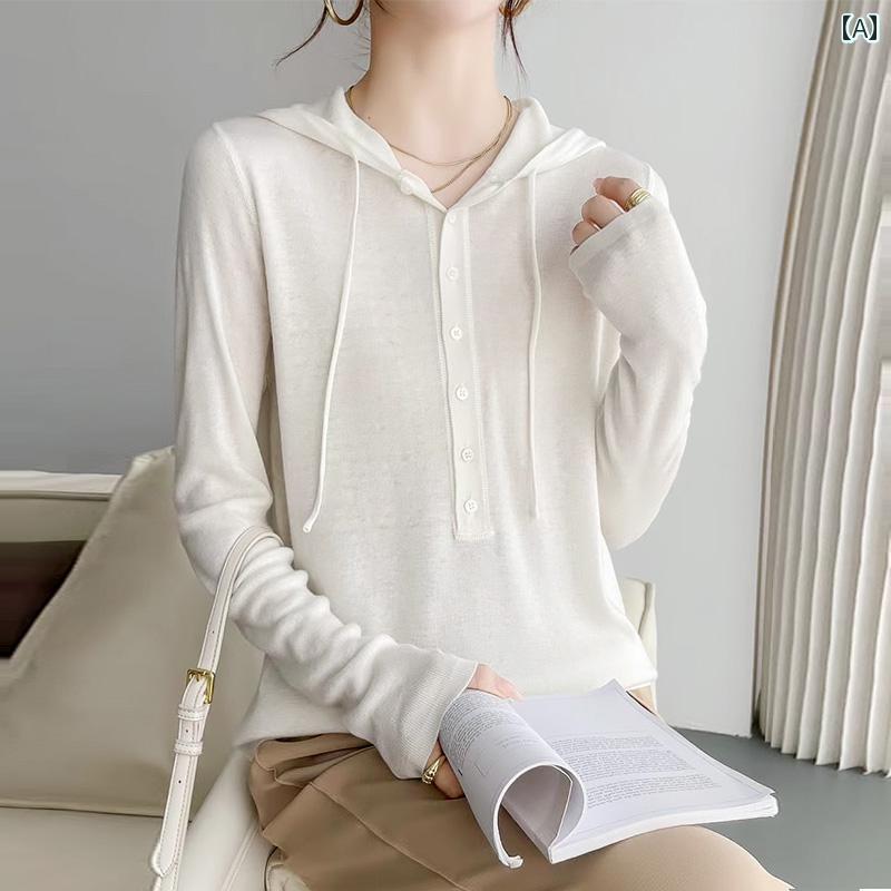 カジュアル ニットパーカー レディース クリーンの シンプル マルチ ボタン レース 長袖 パーカー セー..