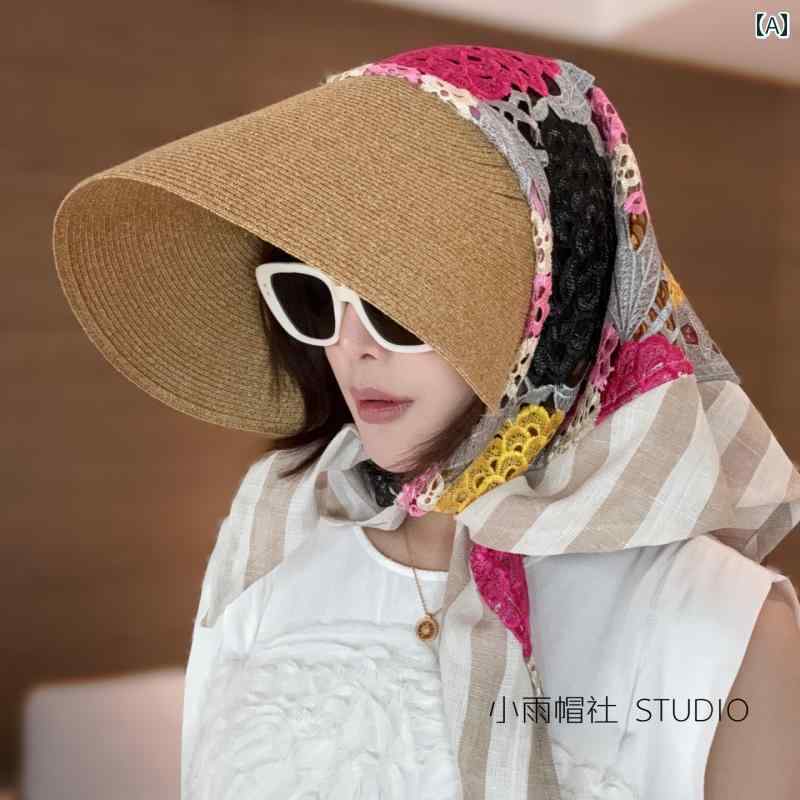 スカーフ カジュアル おしゃれ レディース 麦わら 帽子 日焼け防止 サンシェード つば 広 空 トップ サ..