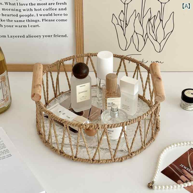 収納 バスケット レトロ アロマセラピー ポータブル 収納 バスケット ラウンド デスク トップ 編み ボ..