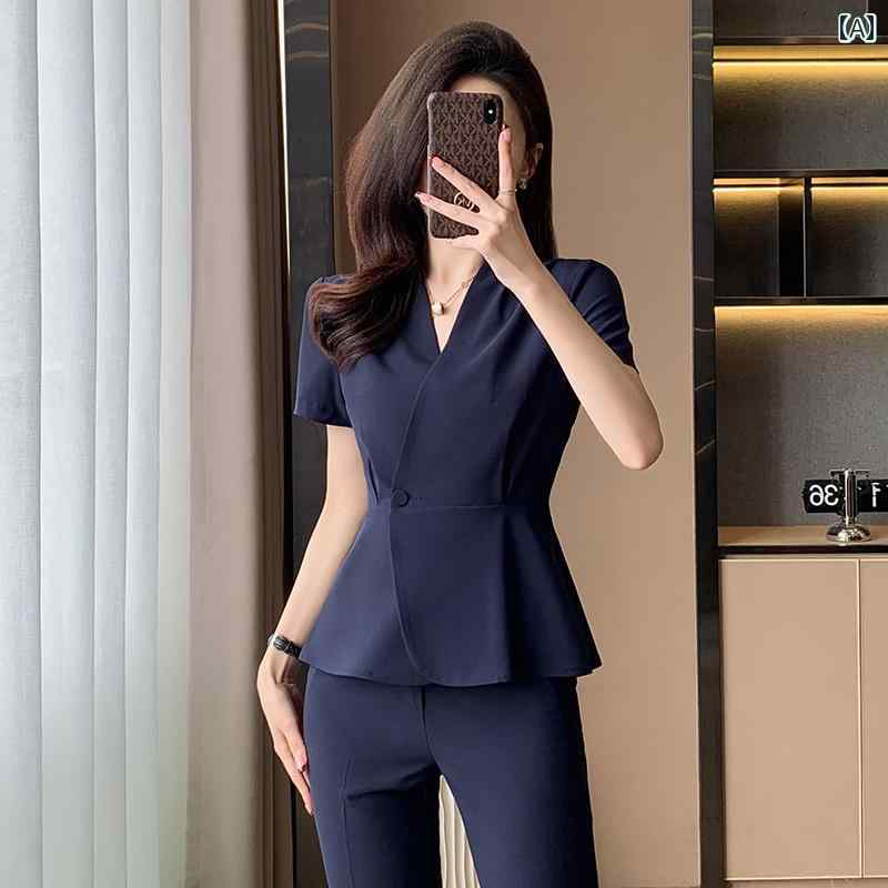 ユニフォーム エステ 美容 プロ スーツ 女性 2024 夏 薄手 半袖 スカート フロント デスク 美容院 宝石 店 仕事 着 高級