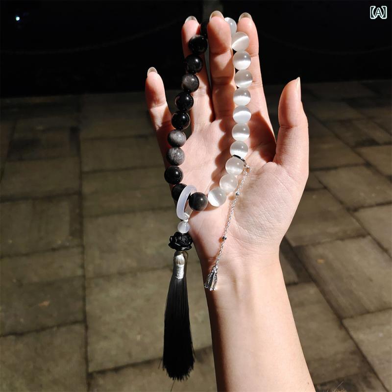 ビーズ アクセサリー Mixianzong 月食 キャッツアイ シルバー オブシディアン 手持ち タッセル ブレスレット レトロ スタイル 石 クール ビーズ ストリングプレイ ハンド