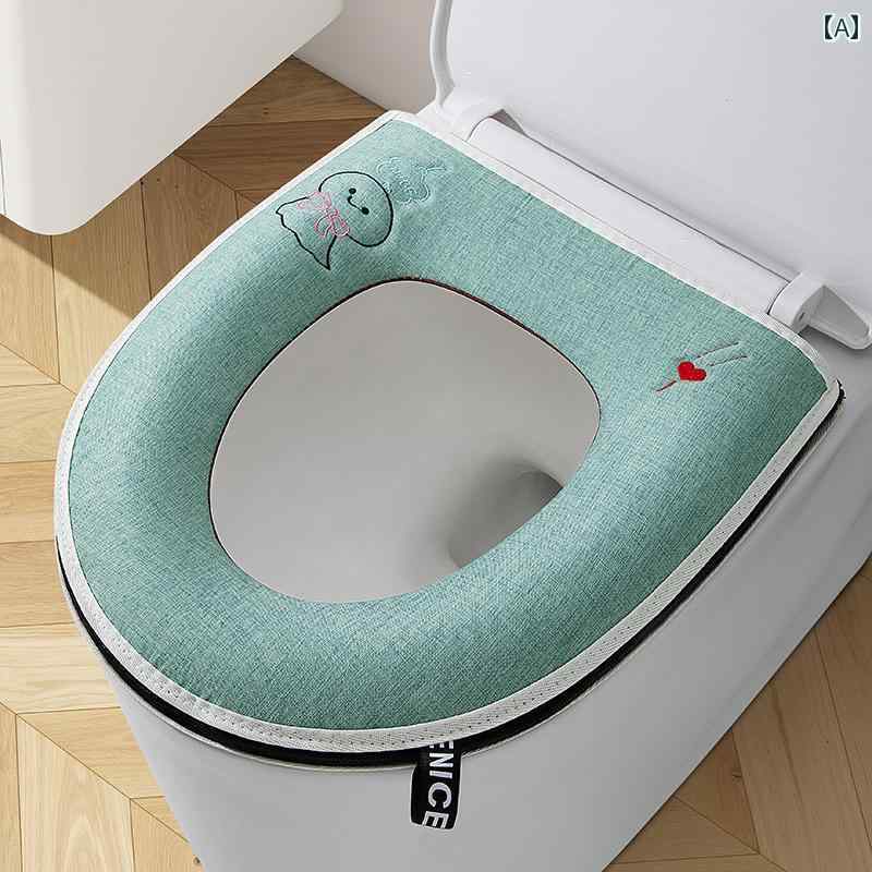 トイレマットカバー トイレ シート クッション リネン 通気性 刺繍 ジッパー ユニバーサル 防水 カバー..