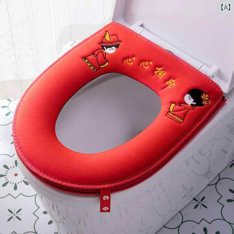 トイレマットカバー 赤いお祝い トイレ マット 結婚式 家庭用 シート クッション ユニバーサル 防水 リ..