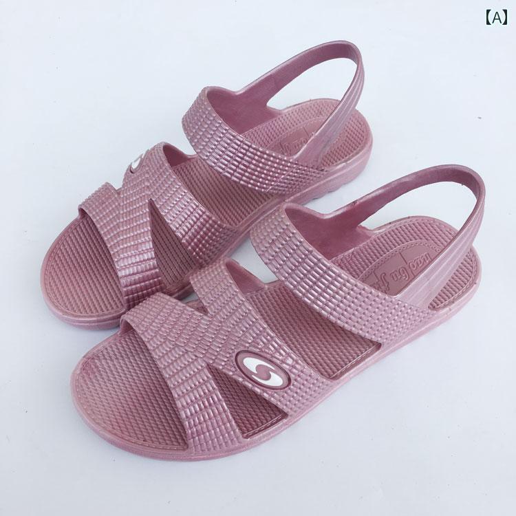 健康サンダル 夏の レディース プラスチック 母親 サンダル フラット ヒール オープン トゥ 防水の ある 靴 底 滑り止め 一 体型 シューズ