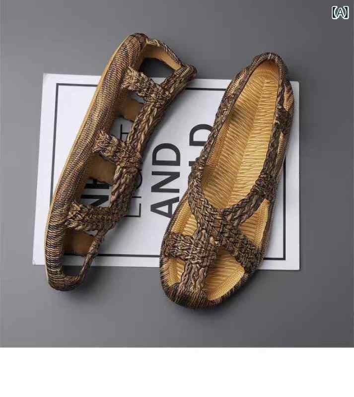 健康サンダル 夏の アウトドア用 メンズサンダル ソフト ボトム ビーチ ホール スリッパ メンズカジュアル サンダル イミテーション ストロー 織り