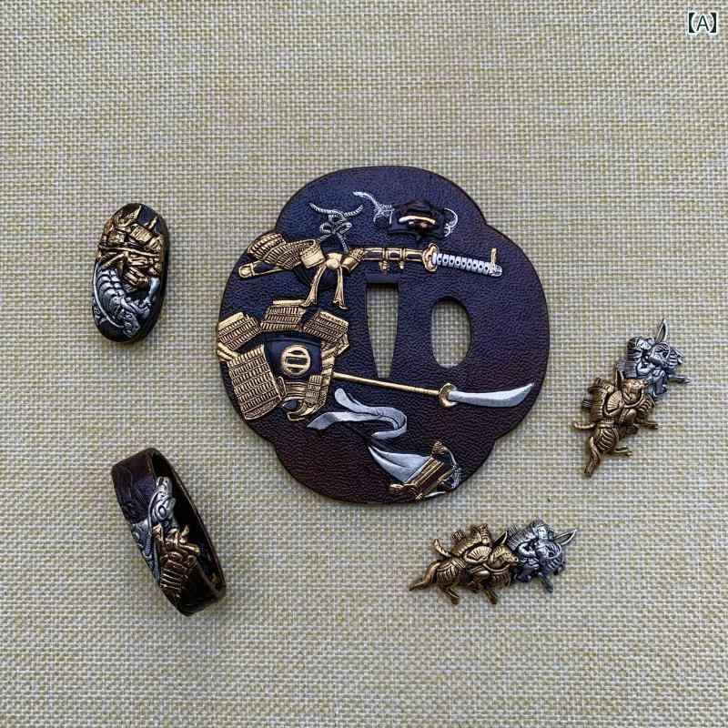 ゲルマニウム アクセアリー 手 彫りの 刀 セット 脇 差 身の 鍔 真鍮 金 メッキ 銀 目 縁 柄 丸 キャッ..