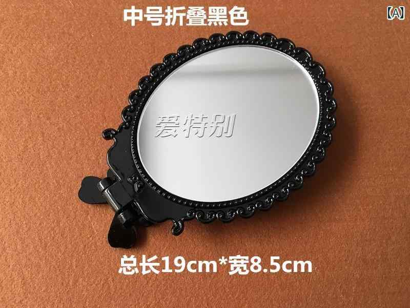 手鏡 コンパクト 韓国 ハンドヘルド 化粧 鏡 美容 サロン ハンドル 折りたたみ ポータブル シルバー 大中