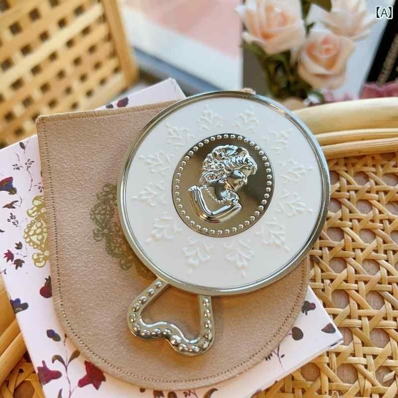 手鏡 コンパクト キュートな エンボス 加工の 精巧 ハンドル ミラー 高 価値の ポータブル ハンドヘルド メイクアップミラー メタル デスク トップ 小型 ミニ