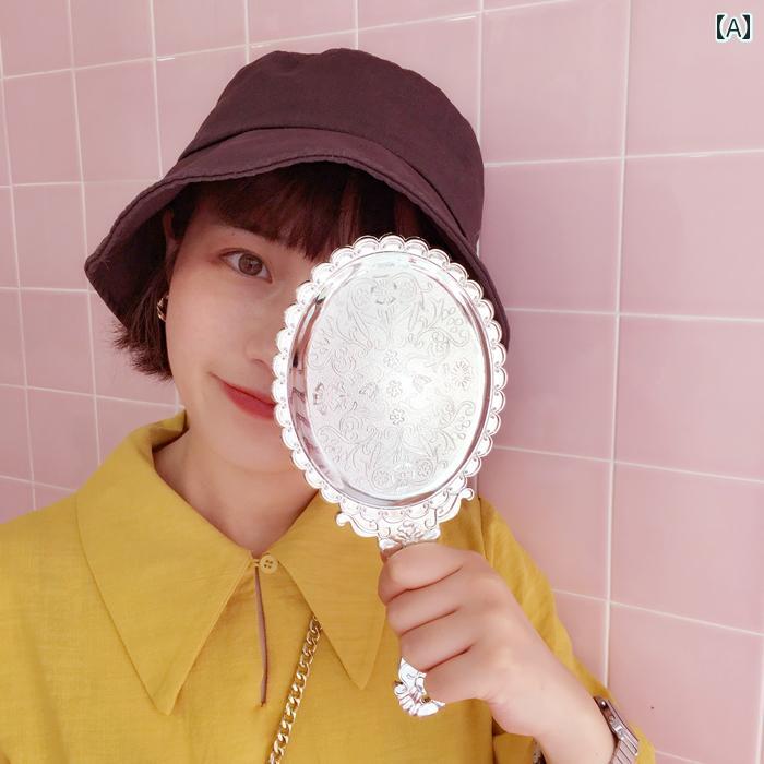 手鏡 コンパクト 韓国製 レトロ 片面 ハンドヘルド メイクアップミラー ポータブル ドレッシング ミラー ヨーロピアン ハンドル プリンセス 美容