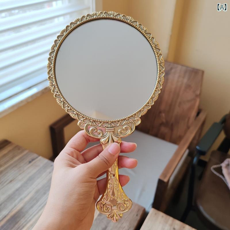 手鏡 コンパクト レトロ 手持ち ミラー 金 メッキの 丸い ハンドル ポータブル ホーム メイクアップミラー 高 解像度 高度な