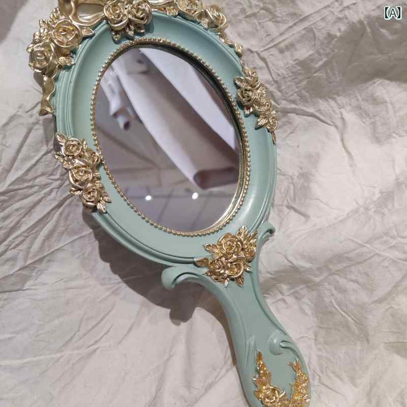 手鏡 コンパクト ハンドヘルド 化粧 鏡 プリンセス スタイル バロック レトロ 美容院 ポータブル ハンドル 片面 写真