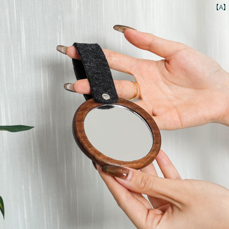 手鏡 コンパクト 無垢材の ポータブル 化粧 鏡 ミニ かわいい 女性用 手持ち 持ち 運びに 便利な 丸太 風の 小さい 丸型 ミラー
