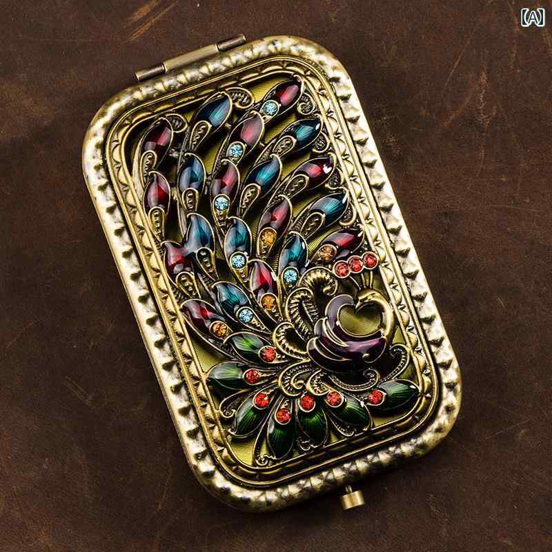 手鏡 コンパクト ラインストーンを ちりばめた チャイナ風 ポータブル 化粧 鏡 折りたたみ 式 手持ち ..