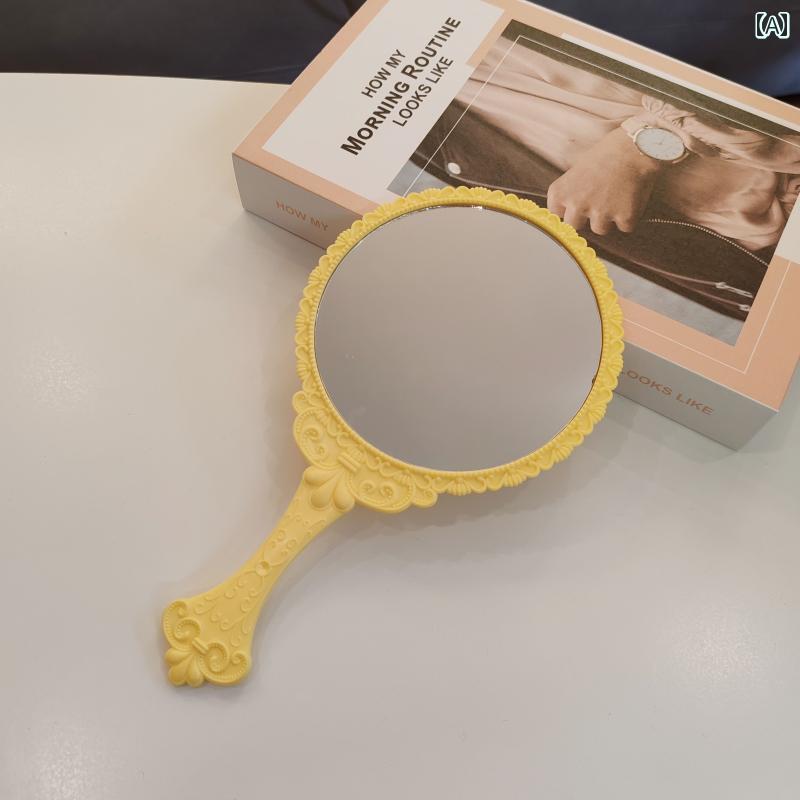 手鏡 コンパクト ラウンド ソリッドカラー ハンドル ミラー 韓国 レース メイクアップミラー ポータブル イン ハンドヘルド ドレッシング 片面 スタイル