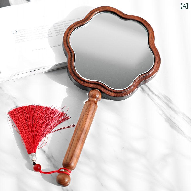 手鏡 コンパクト レトロ ナショナル 無垢材 ハンドヘルド メイクアップミラー クルミ ポータブル ドレッシング ミラーライト 高級 ビューティーサロン ハンドル 付き ラウンドミラー