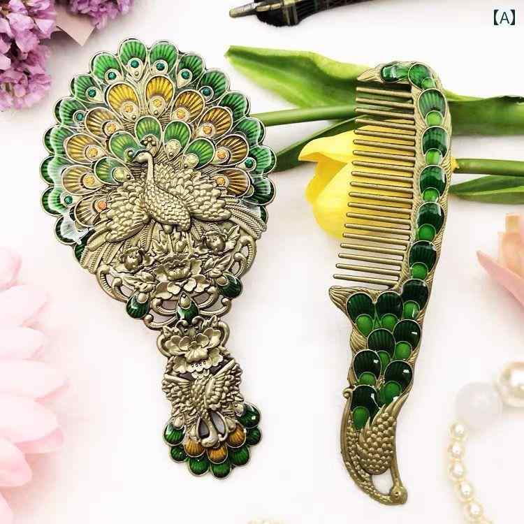 手鏡 コンパクト ロシアの ハンドル ミラー コームセット 女性用 メイクアップミラー 小型 レトロ メタル 便利な ポータブル ハンドヘルド ギフト