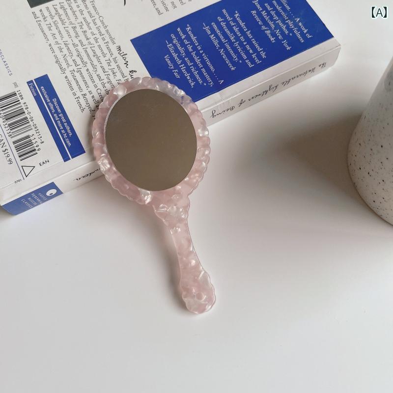 手鏡 コンパクト Xingyi ジュエリー 韓国 アセテート シート ポータブル ミラー ファッション レトロ 幾何学 模様 小さい 丸型 ハンドル 付き ハンドヘルド メイクアップミラー