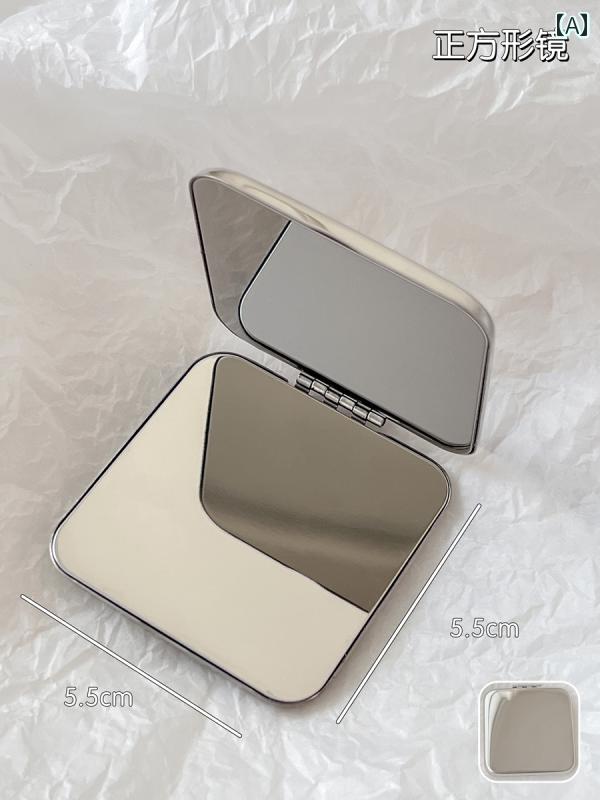 手鏡 コンパクト ハンドヘルド 小型 ミラー 女性用 ポータブル 両面 折りたたみ 式 メイクアップミラー フリップ トップ ステンレス スチール製 ミニ