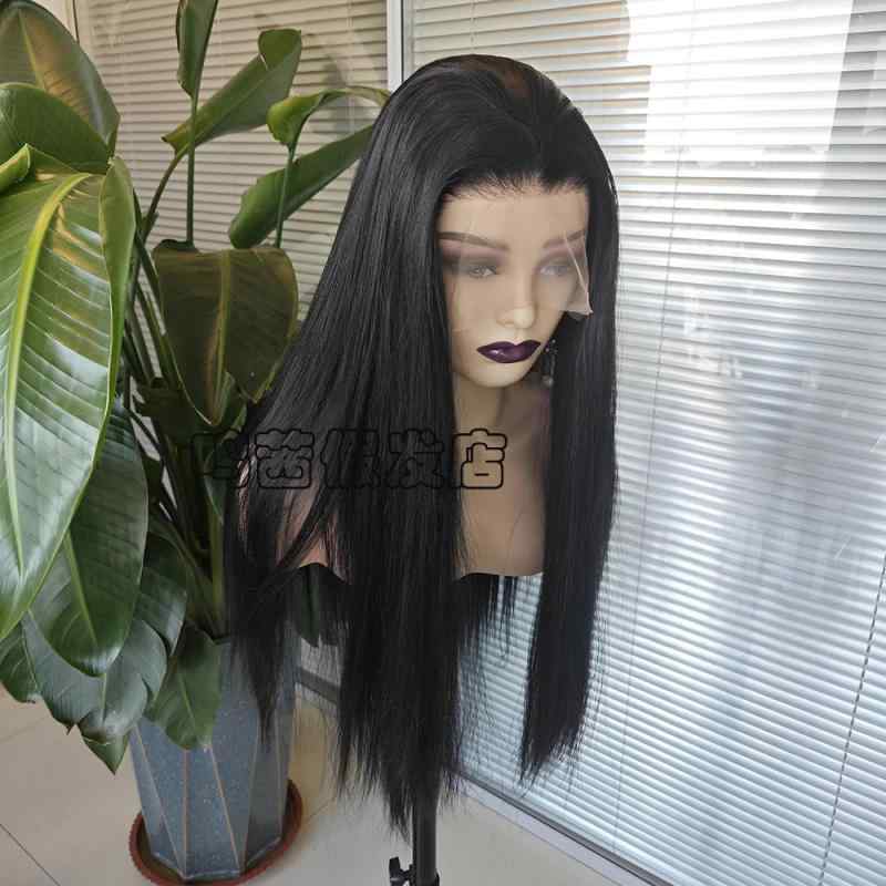 女性用 かつら 黒の ロング ストレート ヘアの 女性用 フロント レース ハンド フック 化学 繊維 フル ヘッド ウィッグ セット マット 高温 ワイヤー