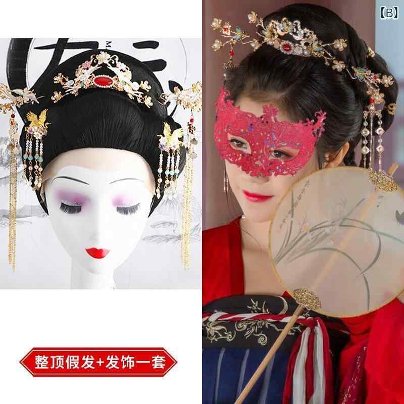 女性用 かつら レトロ フル ヘッド ショート ストレート ヘアウィッグ 通気性の ある 自然な 皇帝の 側室 ファッション レディース ドレス 高温 ヘア セット