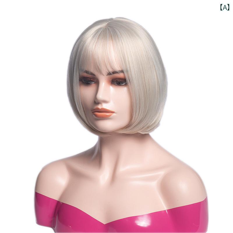 女性用 かつら と アメリカ 女性用 白 ウィッグ 前髪 付き ボボ ヘッド ライト ブロンド ストレート 合..
