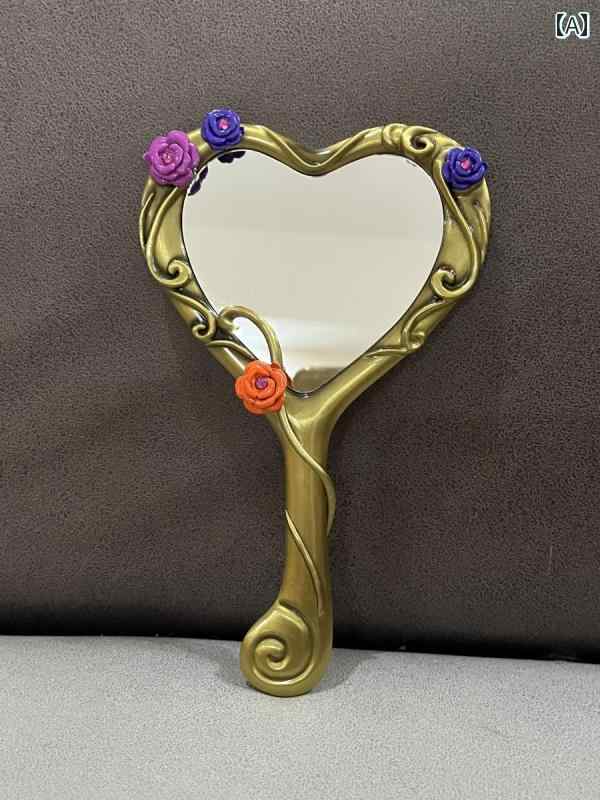 手鏡 コンパクト ブロンズ ミラー レトロ 小型 手持ち 化粧 鏡 バービー ラインストーン キャッスル ハ..