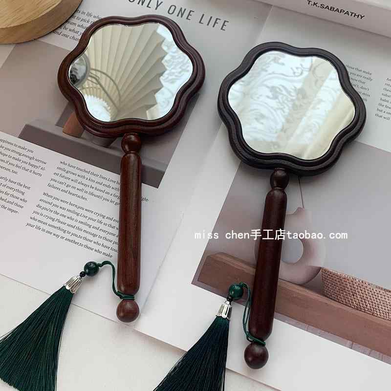 手鏡 コンパクト 白檀の ハンドル ミラー アンティークミラー ポータブル 梅の花の 形を した 小さい ..