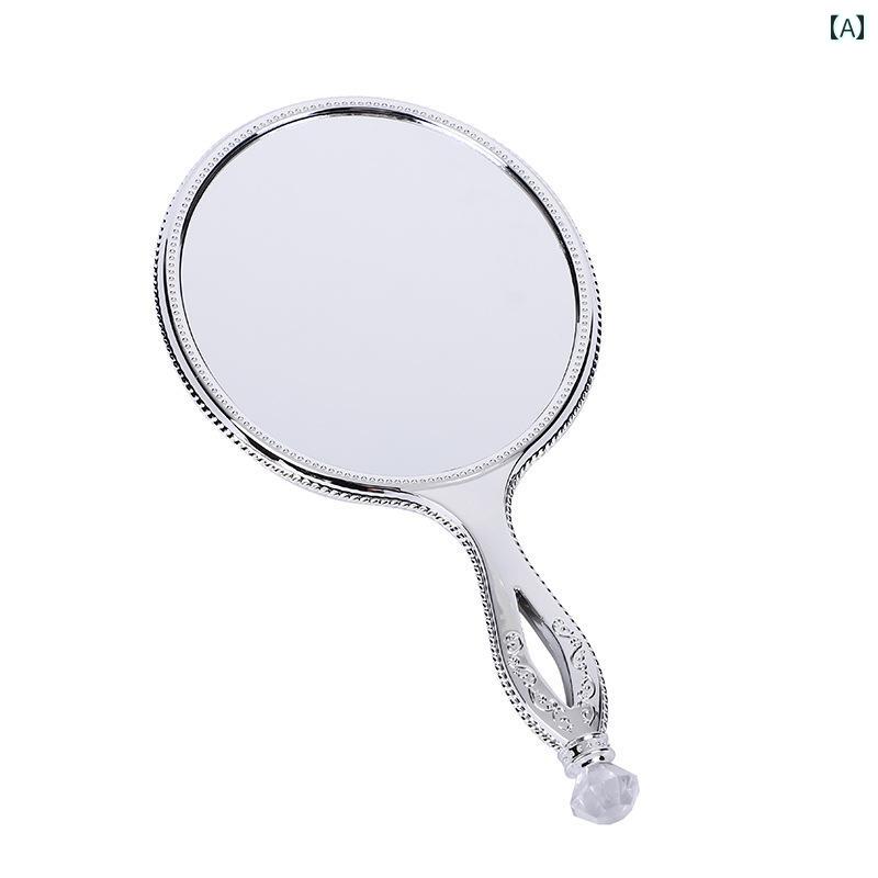 手鏡 コンパクト 女の子向け 丸型 シンプル シルバー 化粧 鏡 かわいい 手持ち ガラス ミラー 持ち 運びに 便利な ポータブル ハンドル