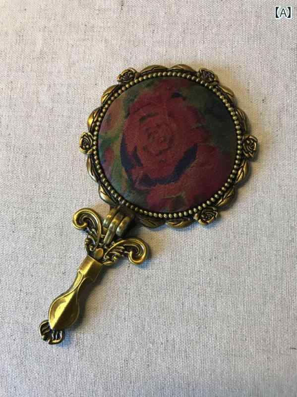 手鏡 コンパクト ハンドル 付き 手持ち ミラー Xiangyun 糸 生地 ポータブル デスク トップ スタンド チャイナ風 折りたたみ 式 小型