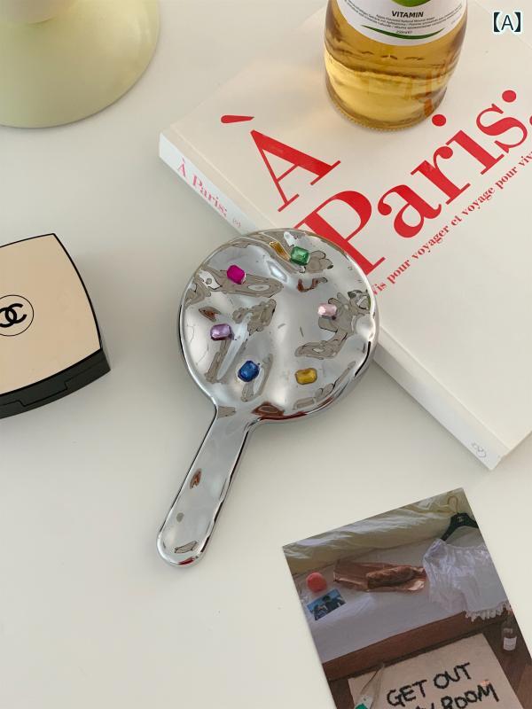 手鏡 コンパクト スタイル ラインストーン ハンドヘルド メイクアップミラー ハンドル 小さい ミラー ..