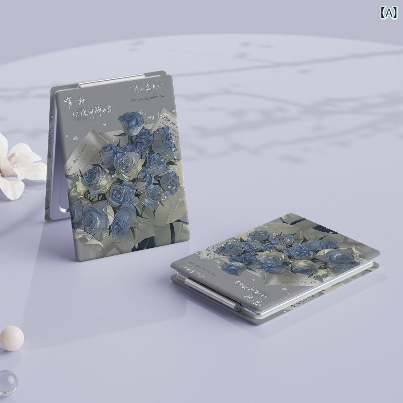 手鏡 コンパクト クラッシュアイス ブルー ミニミラー ポータブル 学生用 手持ち 両面 ミラー 折りたたみ 化粧 鏡