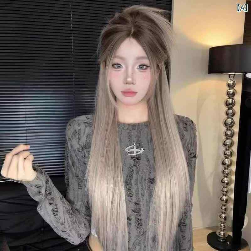 女性用 かつら 渋谷の ホットティー ウィッグ 女性 夏の フロント レース ロング ストレート ヘア グラデーション チョコレート 爆発 トップ 染め ミドル パート バング