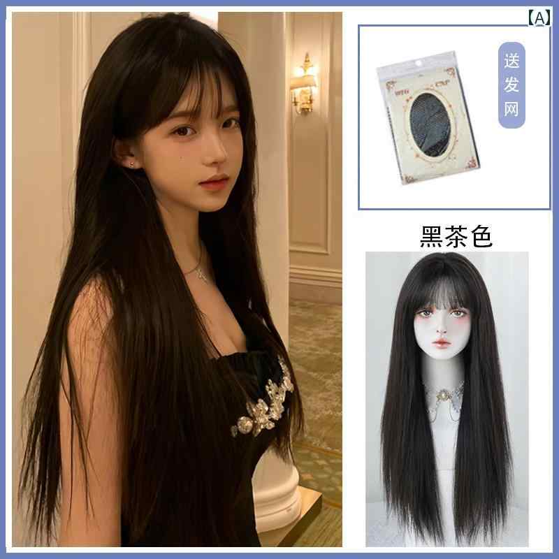 女性用 かつら ウィッグ 女性用 ロング ブラック ストレート ナチュラル ハゲ ヘッド エア バング ロリータ スイート フル リアル ヘア